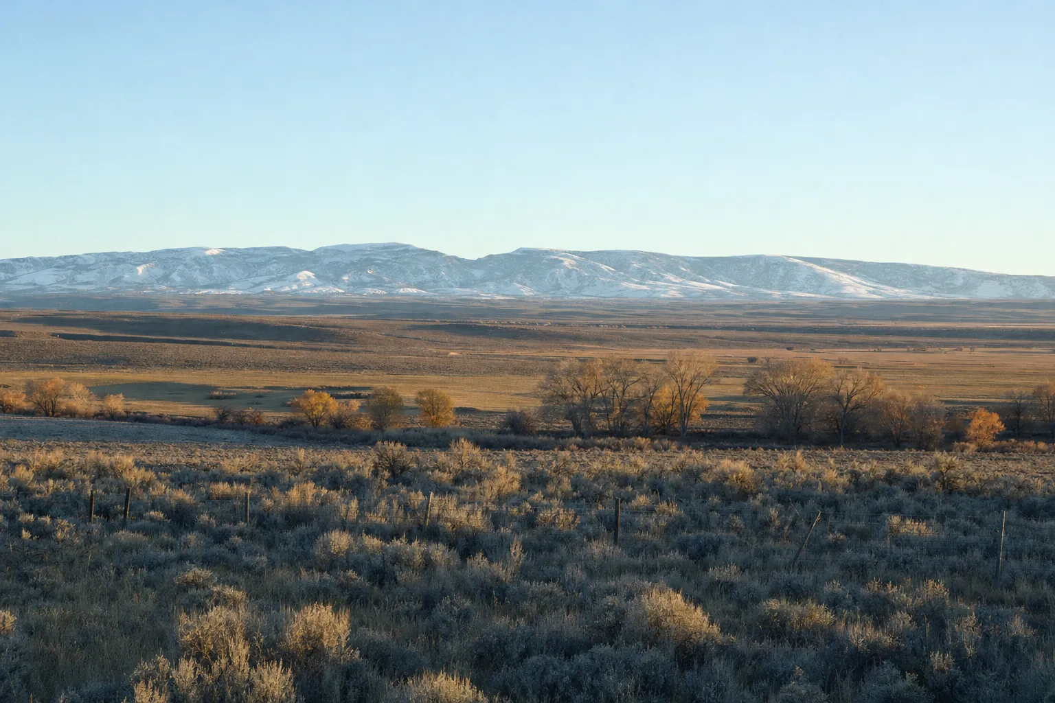 Sagebrush flats and a fence line in morning light, with snow-dusted mountains under a pale sky.