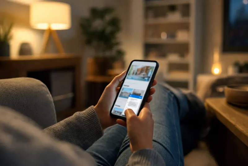 A person on a couch in the evening holding a phone that shows a business website with a small chat window open.