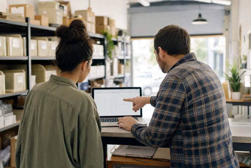 Two people seen from behind at a shop counter, one pointing at a laptop screen, with shelves of boxes behind them.