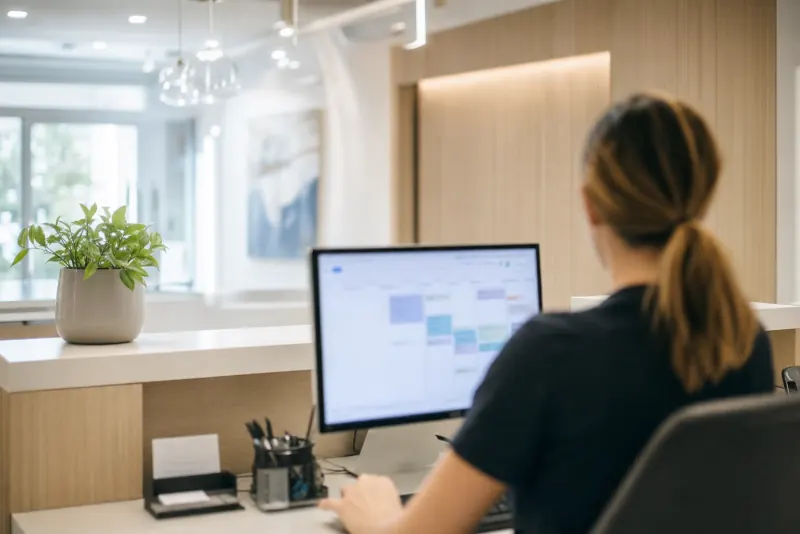 A clinic front desk, seen from behind a staff member working on a scheduling calendar