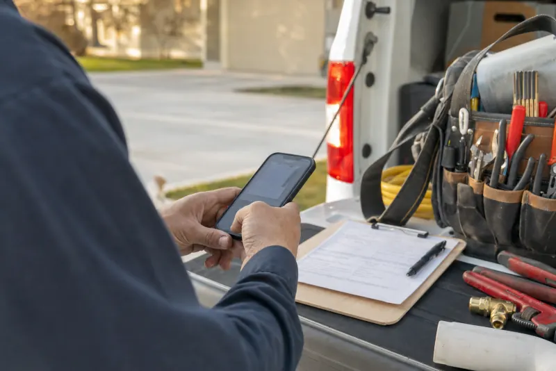 A service tech's hands holding a phone over a paper work order on a clipboard, resting on a truck tailgate next to a tool bag.