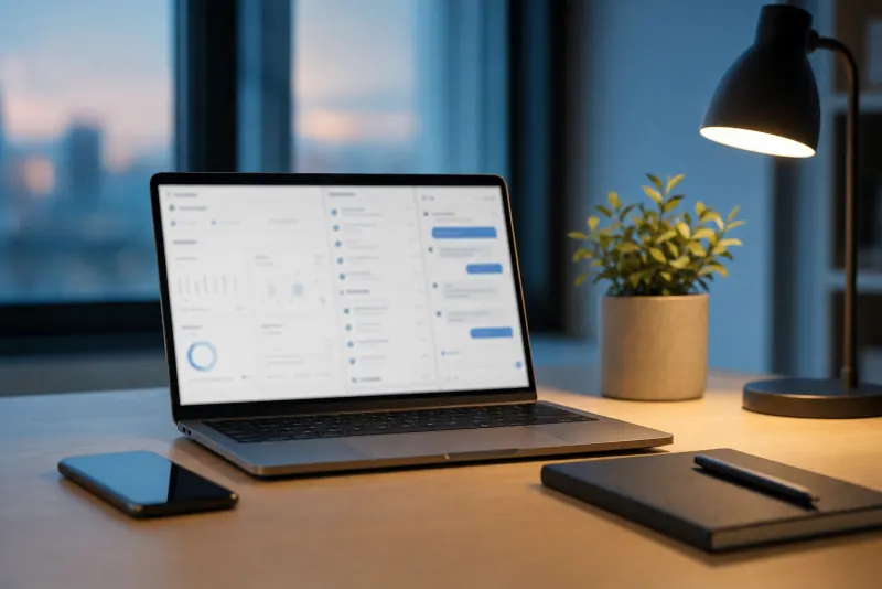 A laptop on a desk at dusk showing a screen of neatly organized panels and a chat pane, next to a desk lamp, a plant and a notebook.