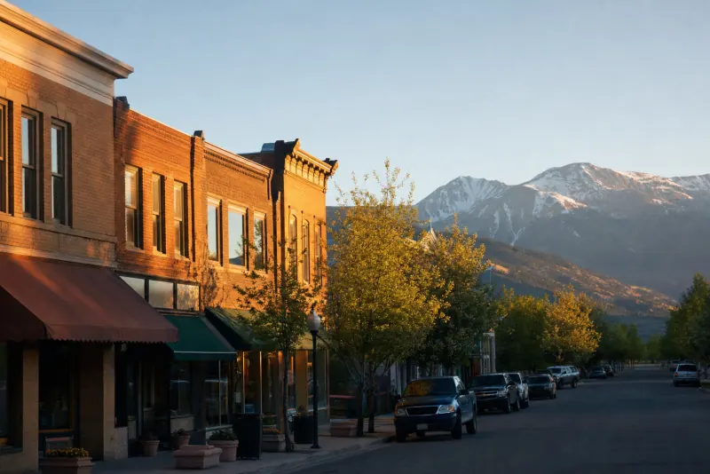 A small town main street at golden hour, with brick storefronts, parked pickups and snowy mountains behind.