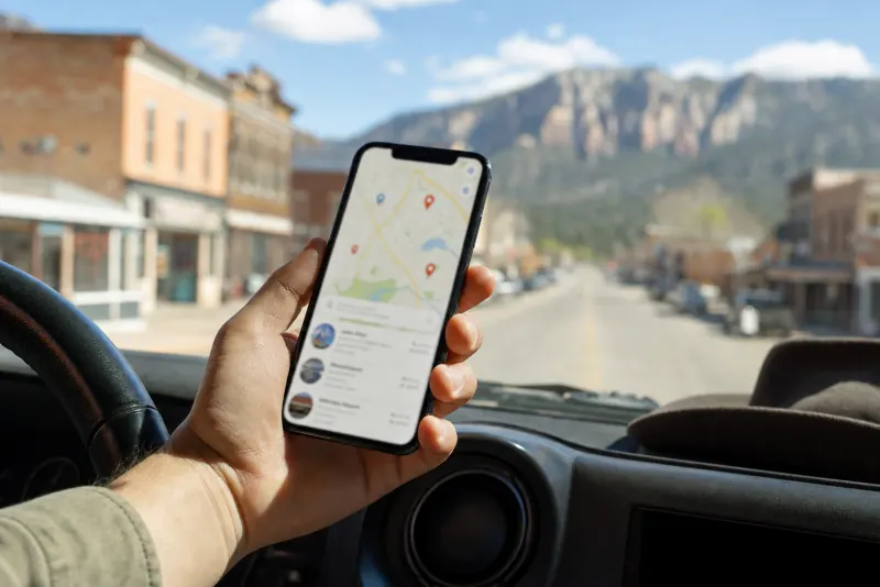 A hand holding a phone with a map and a list of nearby businesses, inside a vehicle on a small-town main street.
