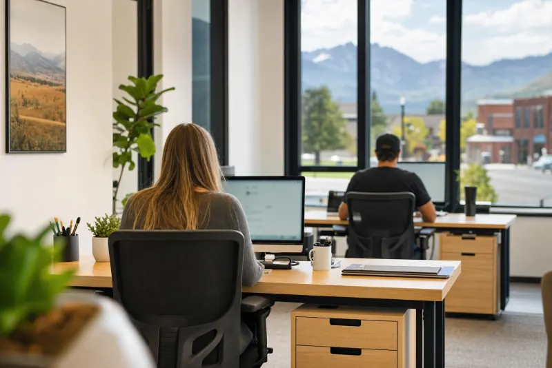 A bright small-business office with oak desks and tall windows, two staff seen from behind at their screens.