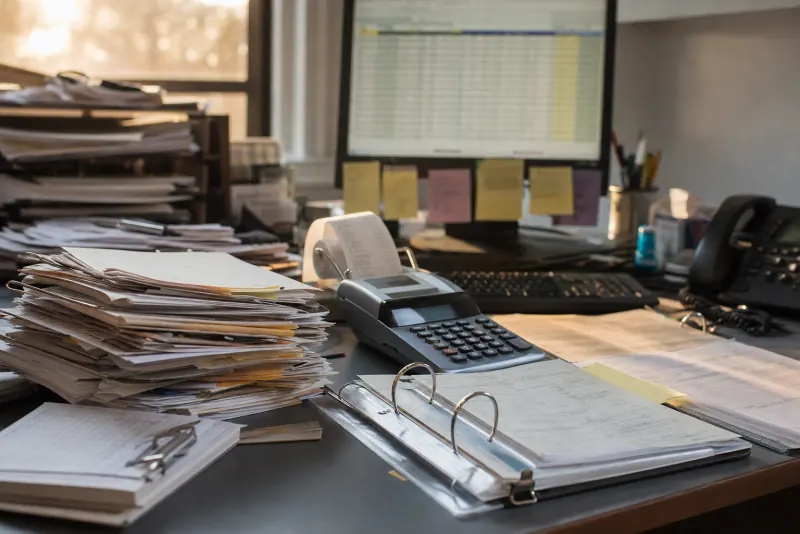 A cluttered office desk: stacks of paper tickets, a binder, an adding machine and sticky notes on the monitor