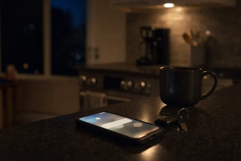 A phone lit up with a new message on a dark kitchen counter at night, next to a coffee mug and a set of keys.