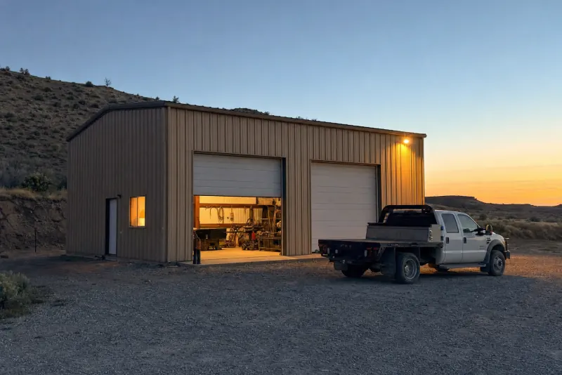 A steel shop building at dusk with one roll-up bay lit and a flatbed pickup parked on the gravel