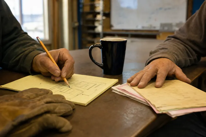Two people at a worn shop table. One sketches boxes and arrows on a yellow legal pad with a pencil; the other rests a hand on a stack of carbon-copy work tickets. A black coffee mug and leather work gloves sit between them.