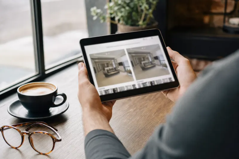 Hands holding a tablet that shows two versions of a web page side by side, next to a coffee cup.