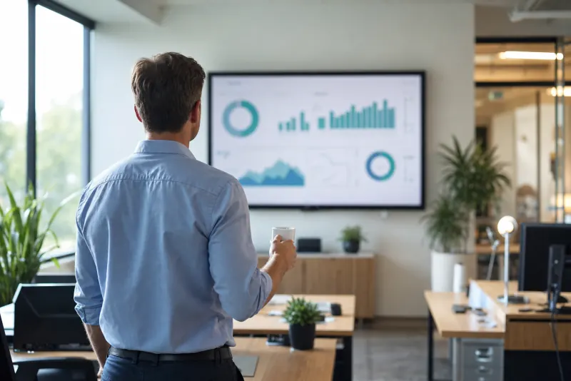 A man seen from behind, holding a coffee cup, looking at charts on a large wall screen in a bright office.